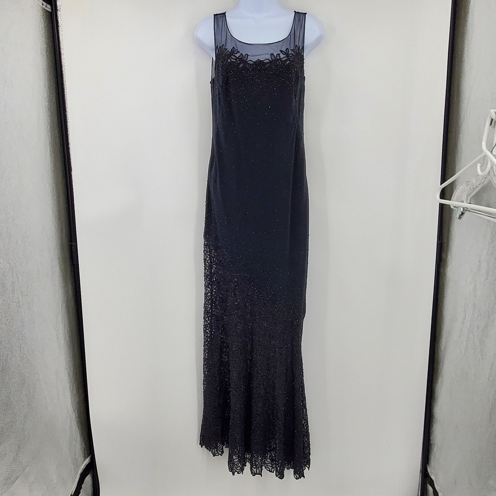 Gilar Evening Black Beaded Lace Illusion Neckline Maxi Gown Dress Size 10 Formal